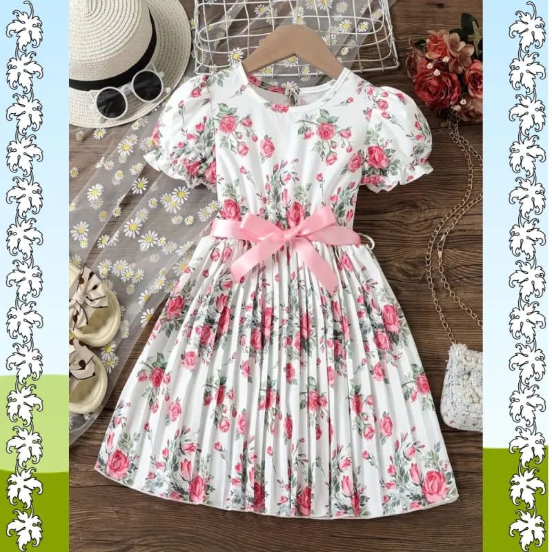Flower Gown Elegant Floral Fit Dress for Girls with Belt